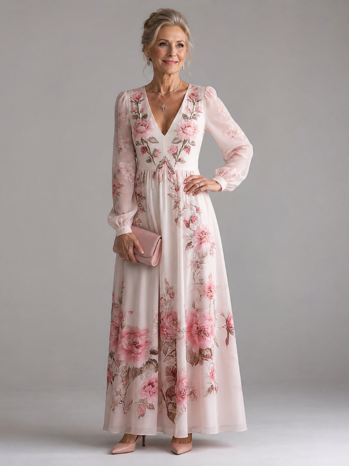Eudoxie — Robe longue à manches longues et col V, coloris Rose pâle fleuri