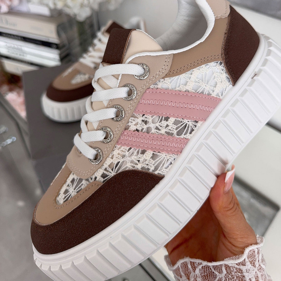 Ursule | Baskets marron à détails dentelle
