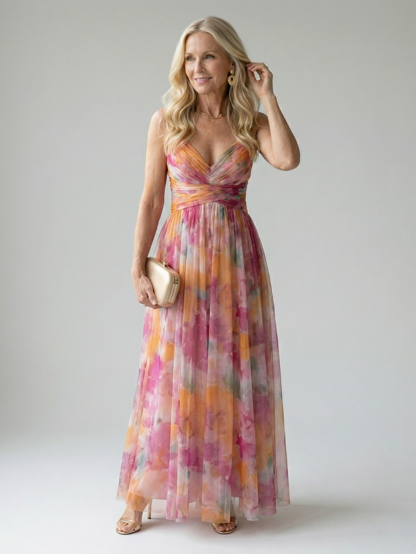 Maïwenn — Robe longue cache-cœur en voile imprimé, coloris Corail et rose