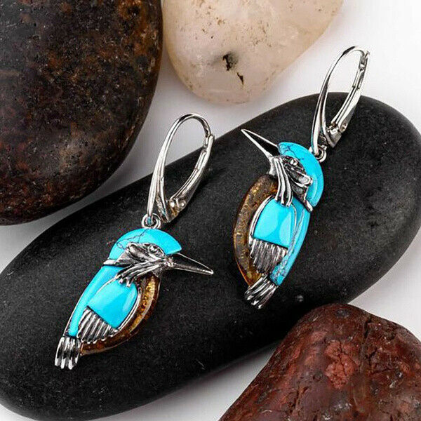 Martin-Pêcheur | Boucles d'oreilles argentées à motif d'oiseau et incrustation turquoise – Vue 01
