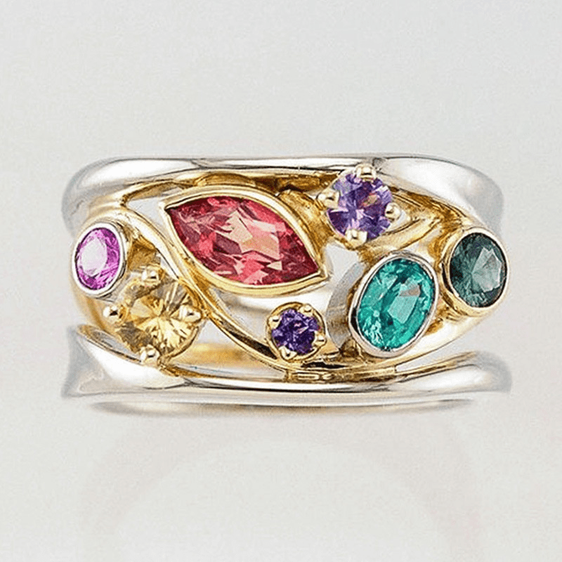 Courant Coloré | Bague argentée et dorée avec pierres colorées – Vue 01