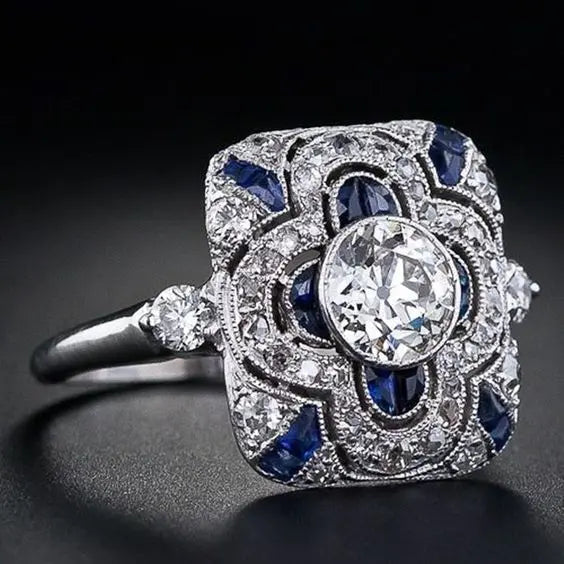 Bordure du Soir | Bague argentée avec pierre claire et bords bleus – Vue 01