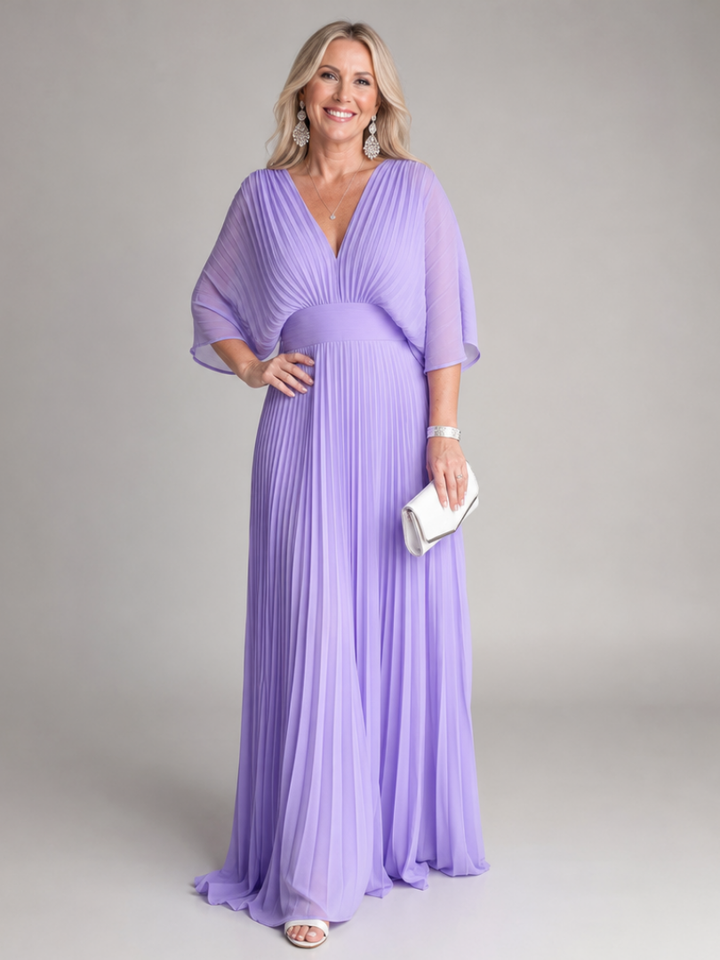Colette — Robe longue plissée à col V et manches amples, coloris Lilas