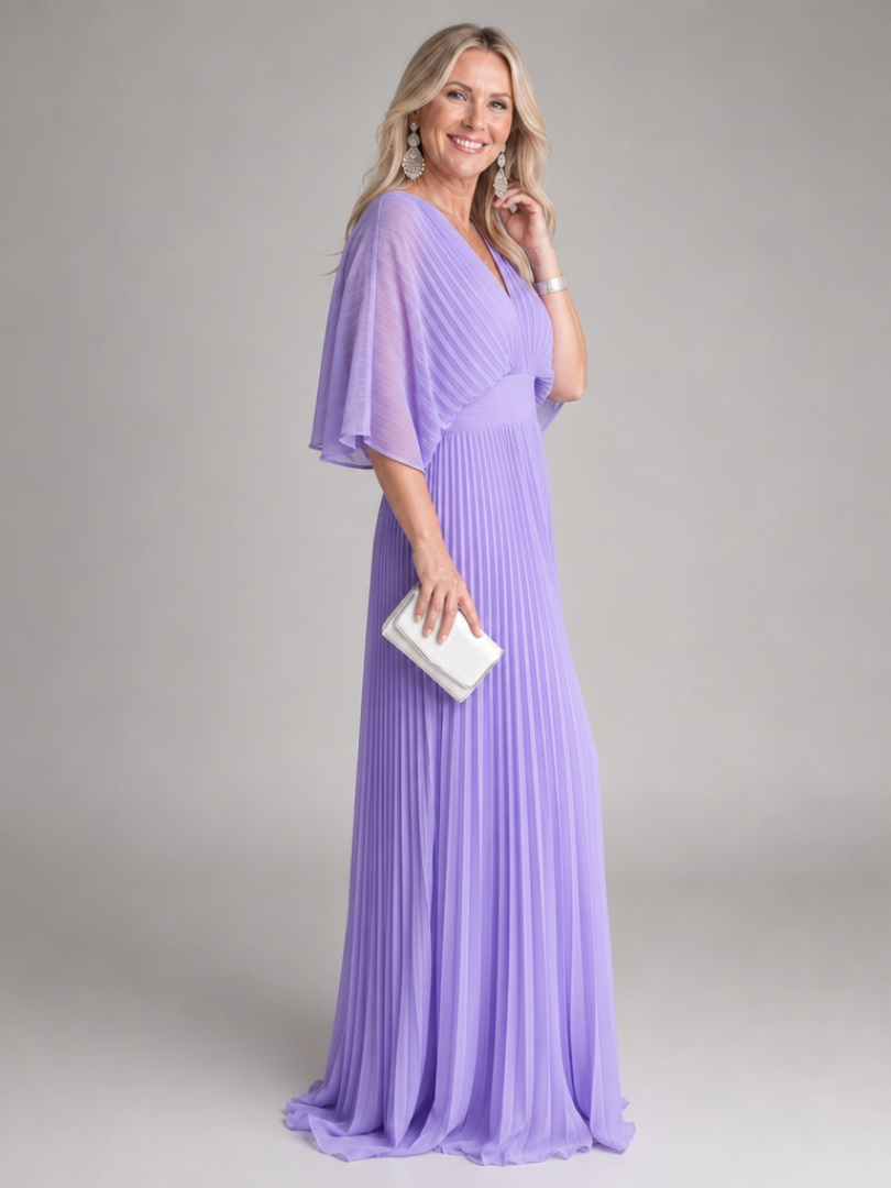 Colette — Robe longue plissée à col V et manches amples