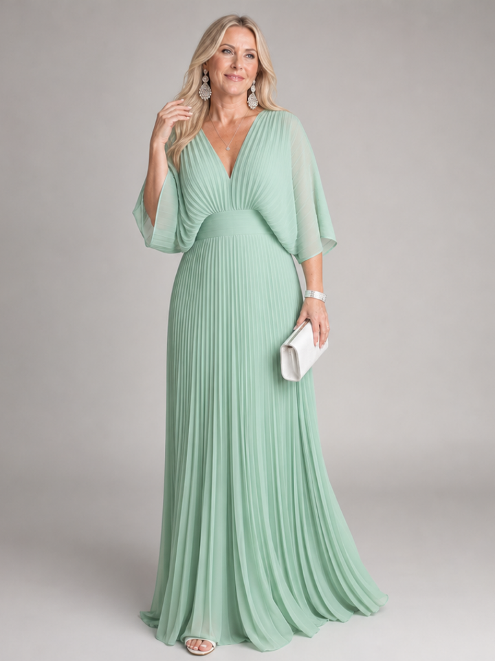 Colette — Robe longue plissée à col V et manches amples, coloris Vert d&