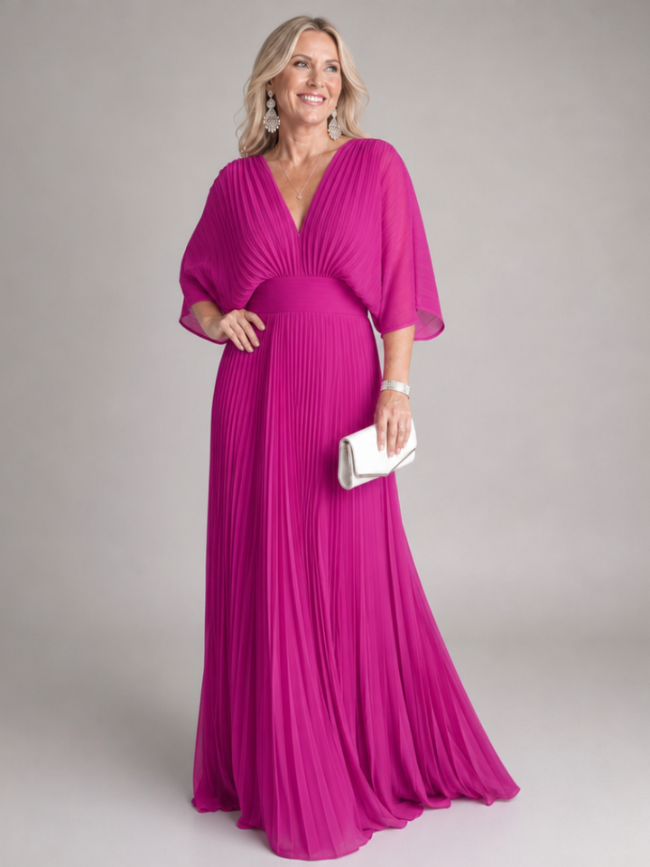 Colette — Robe longue plissée à col V et manches amples, coloris Fuchsia
