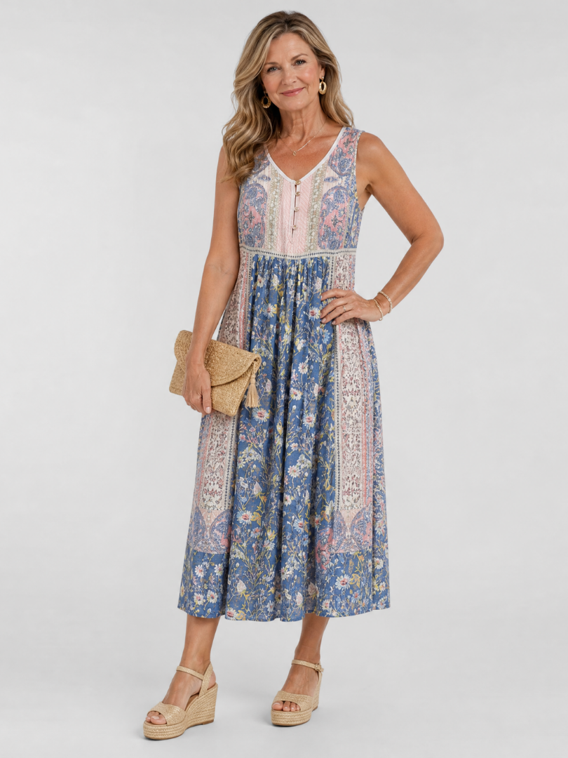 Ottoline — Robe midi à panneaux imprimés, coloris Bleu à panneaux fleuris