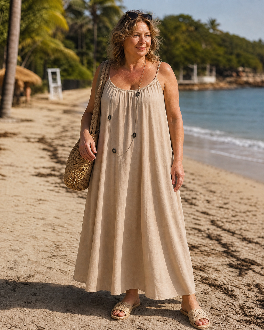 Alizée — Robe longue à fines bretelles, coloris Beige