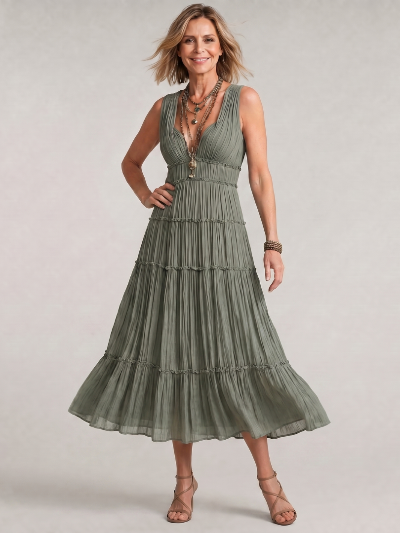 Gaétane — Robe longue froissée à volants étagés