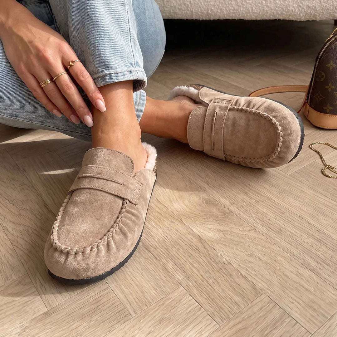 Aurore | Mules fourrées beiges façon mocassin