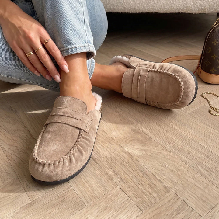 Aurore | Mules fourrées beiges façon mocassin