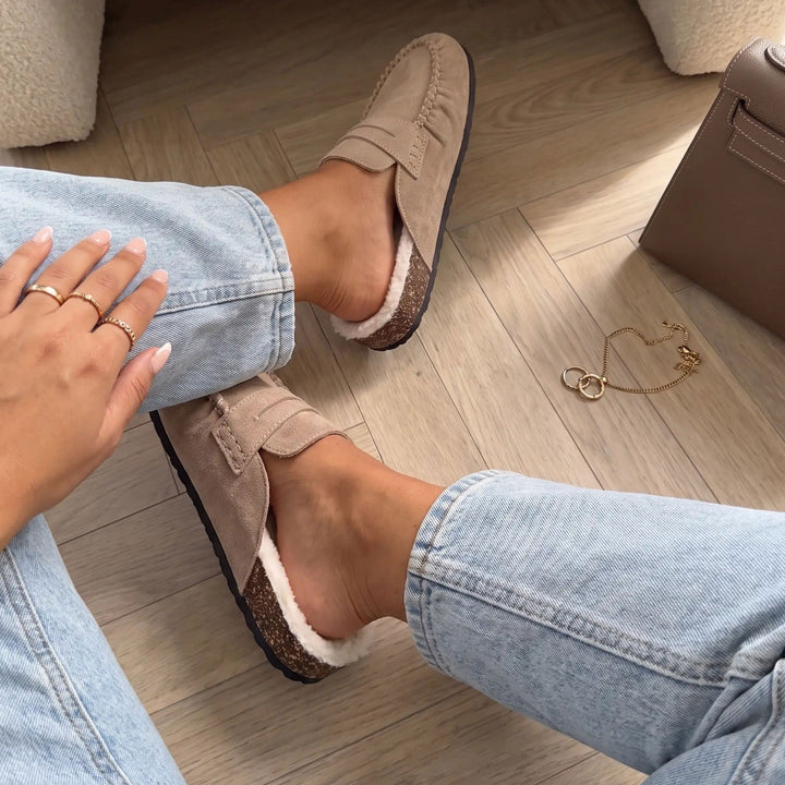 Aurore | Mules fourrées beiges façon mocassin