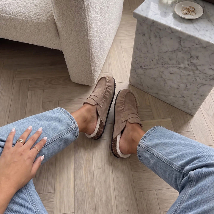 Aurore | Mules fourrées beiges façon mocassin