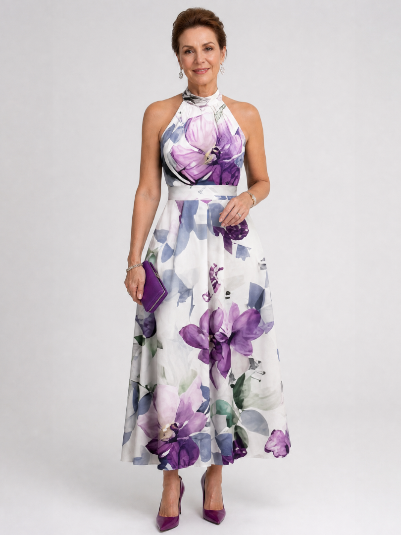 Suzette — Robe longue dos nu à grandes fleurs, coloris Écru à fleurs violettes