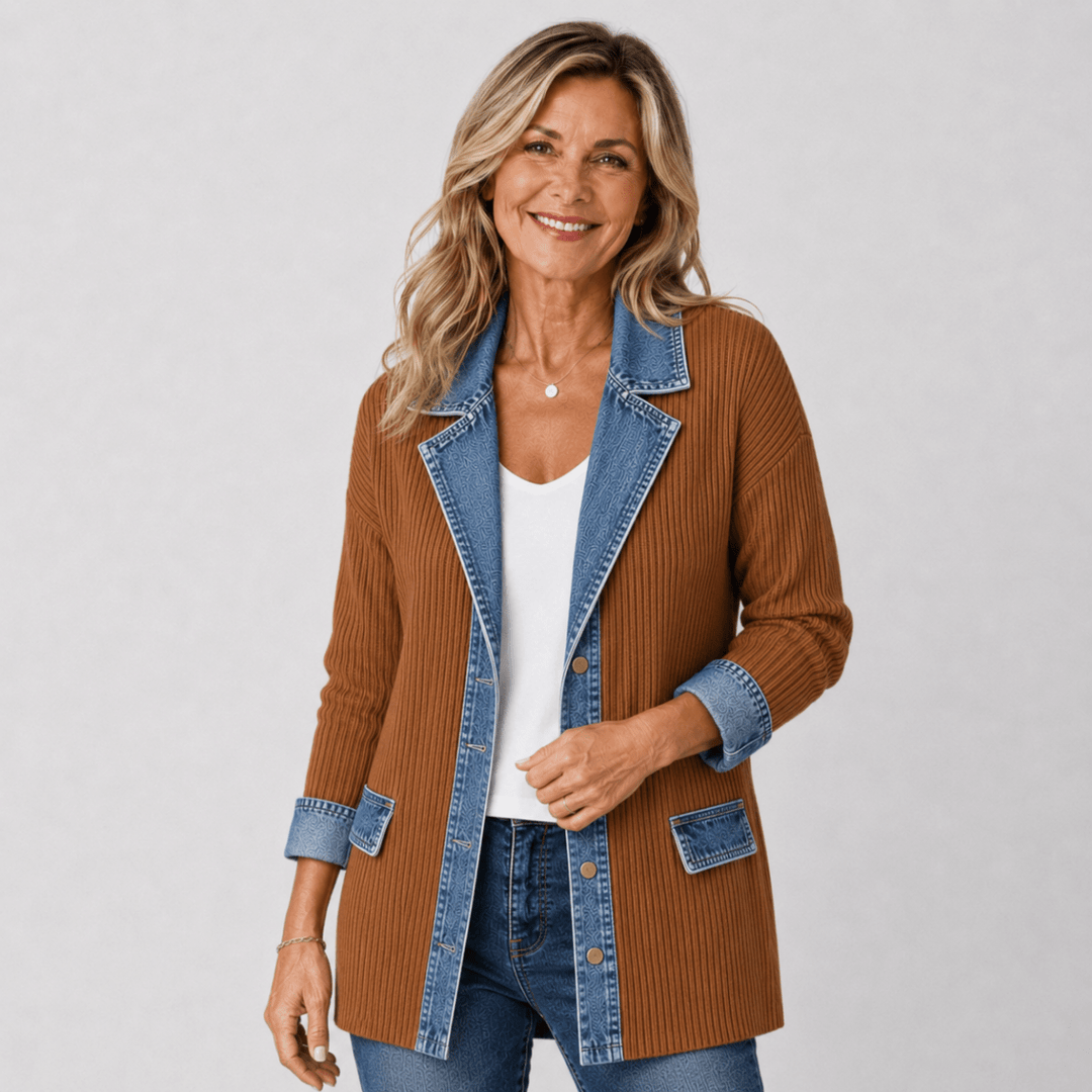 Axelle | Veste en maille à finitions en jean — Caramel