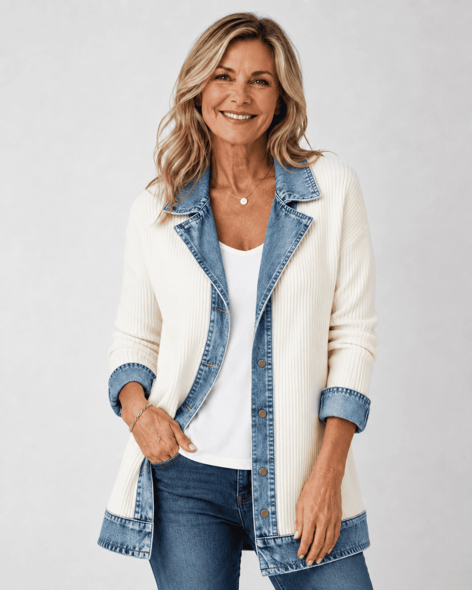 Axelle | Veste en maille à finitions en jean — Écru