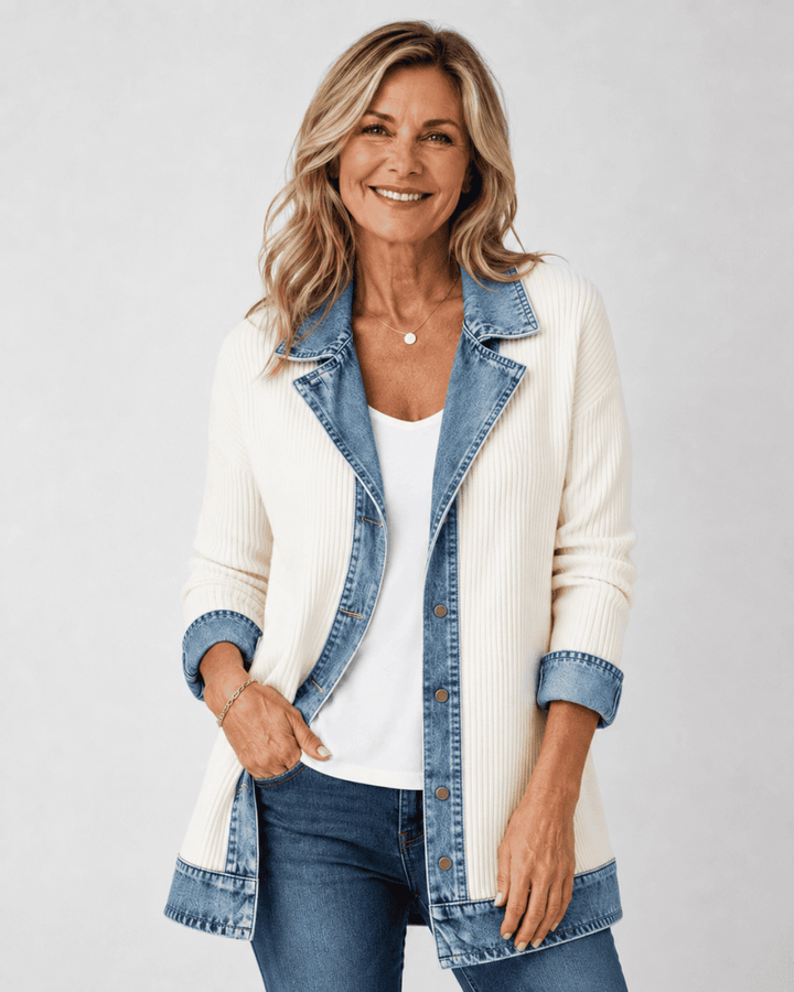 Axelle | Veste en maille à finitions en jean — Écru