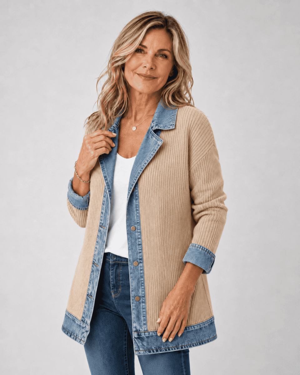 Axelle | Veste en maille à finitions en jean — Beige