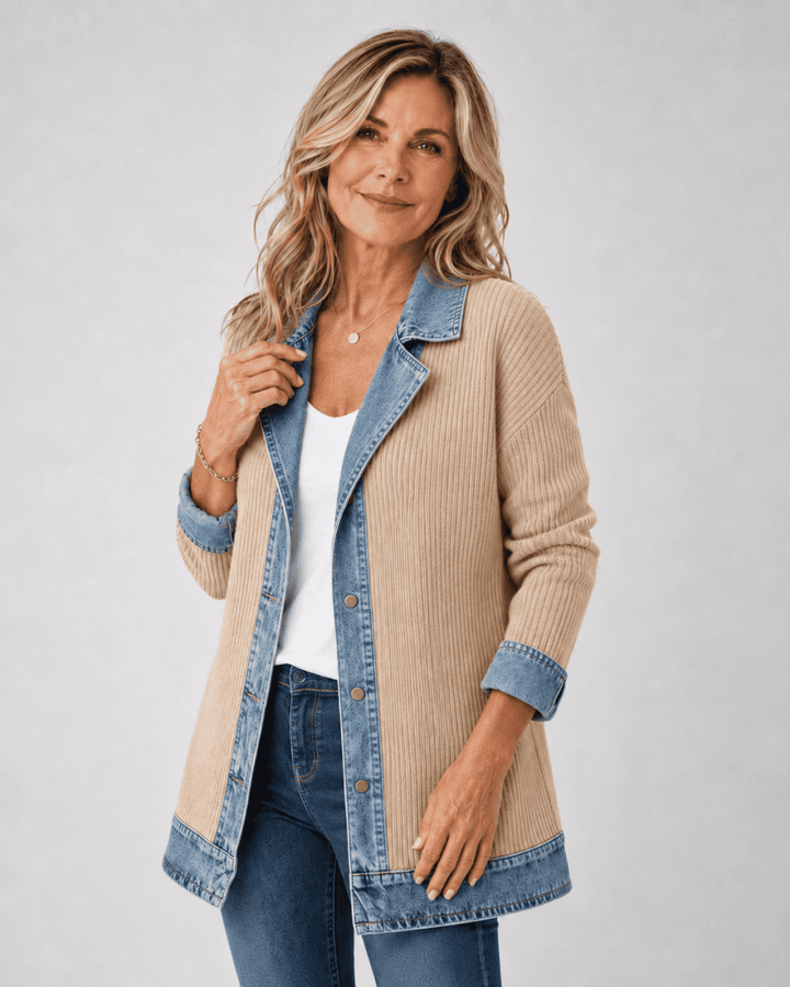 Axelle | Veste en maille à finitions en jean — Beige