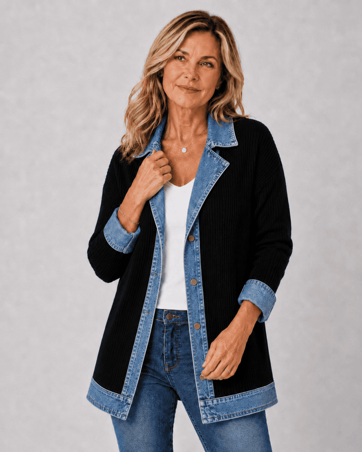 Axelle | Veste en maille à finitions en jean — Noir