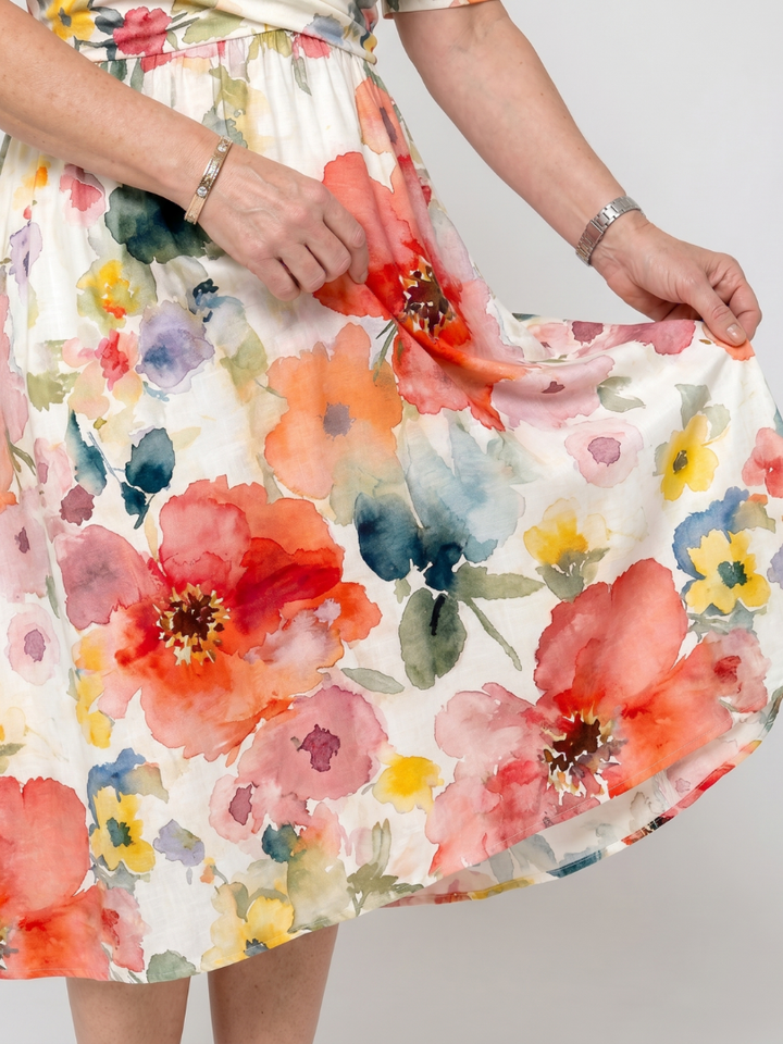 Pétronille — Robe midi aquarelle à taille froncée
