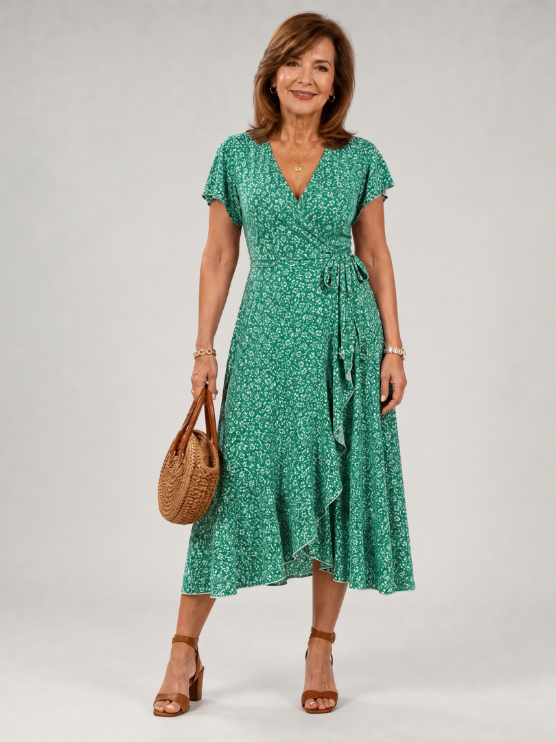 Émilie — Robe portefeuille fleurie à ourlet volanté, coloris Vert