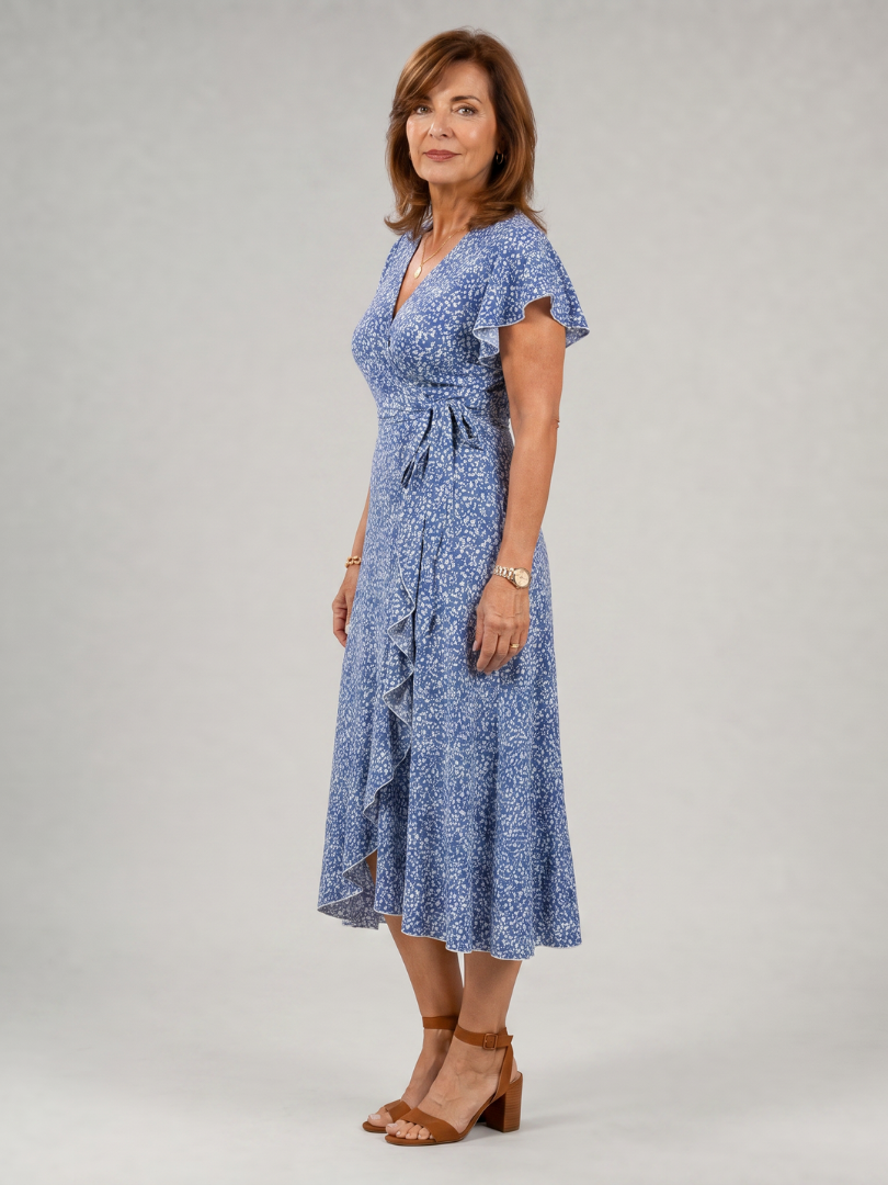 Émilie — Robe portefeuille fleurie à ourlet volanté