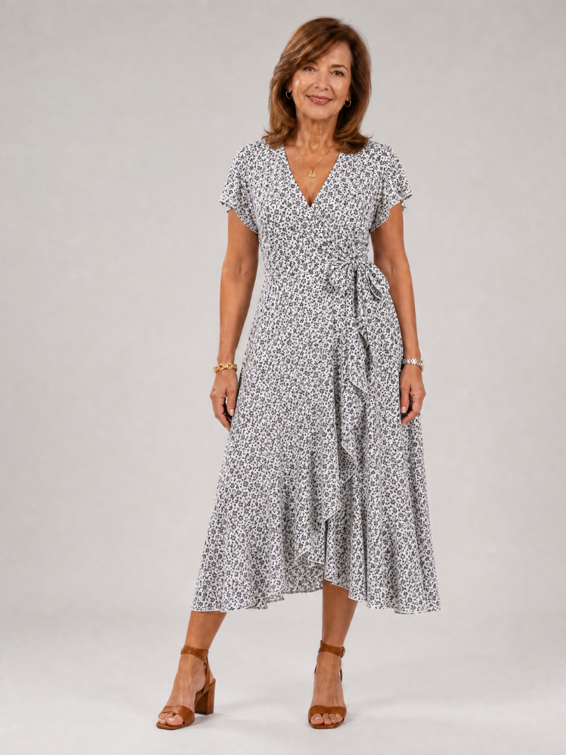 Émilie — Robe portefeuille fleurie à ourlet volanté, coloris Gris clair