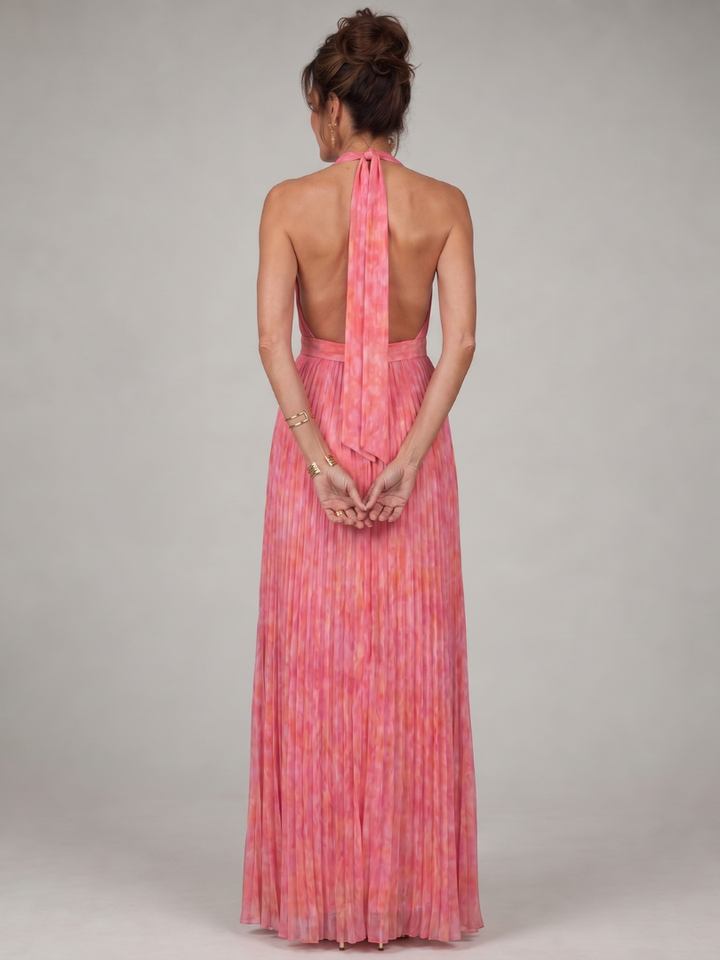 Mireille — Robe longue à col licou et jupe plissée