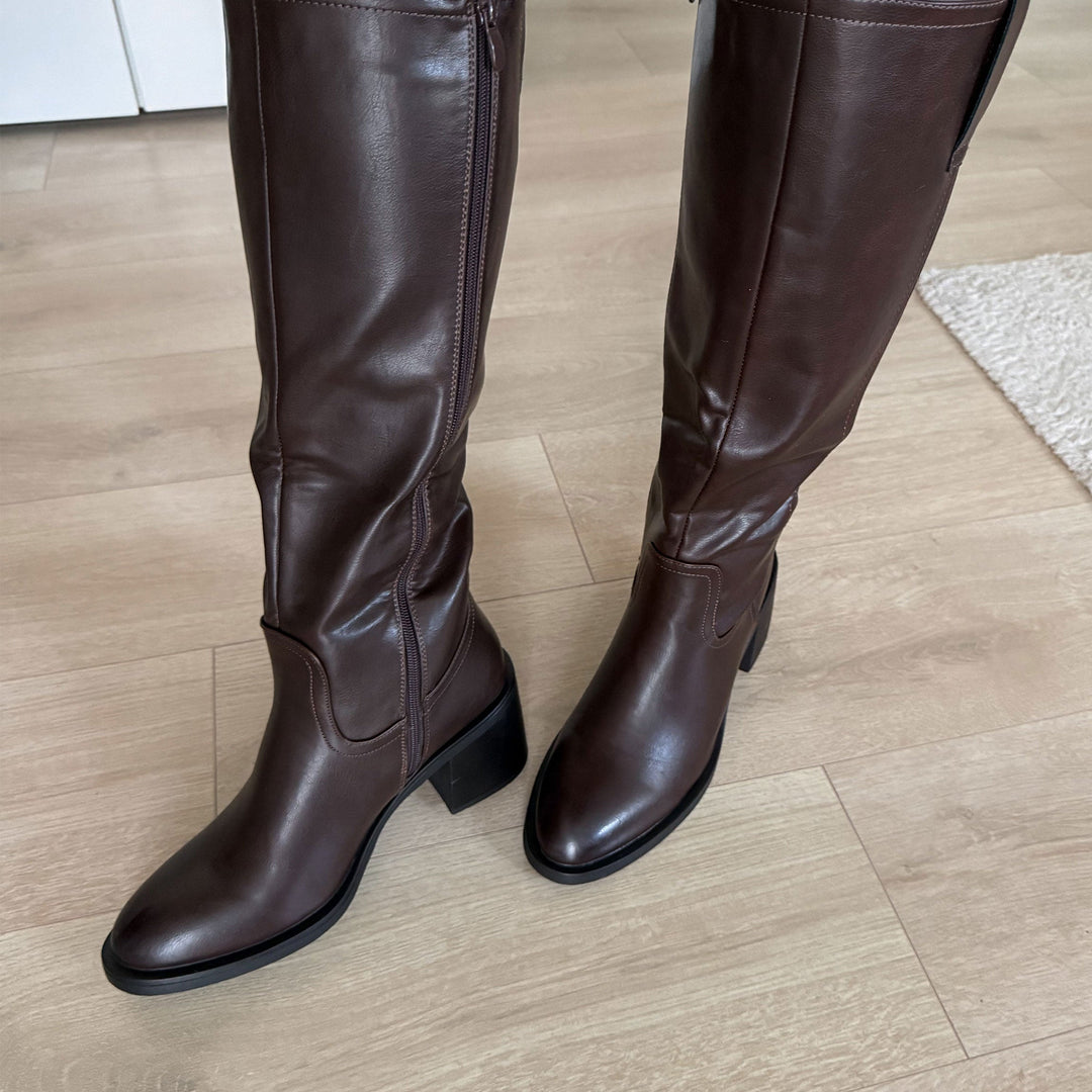 Corinne | Bottes hauteur genou marron foncé à talon bloc