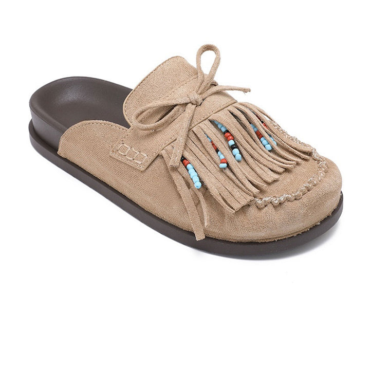 Nolwenn | Mocassins beiges à franges perlées