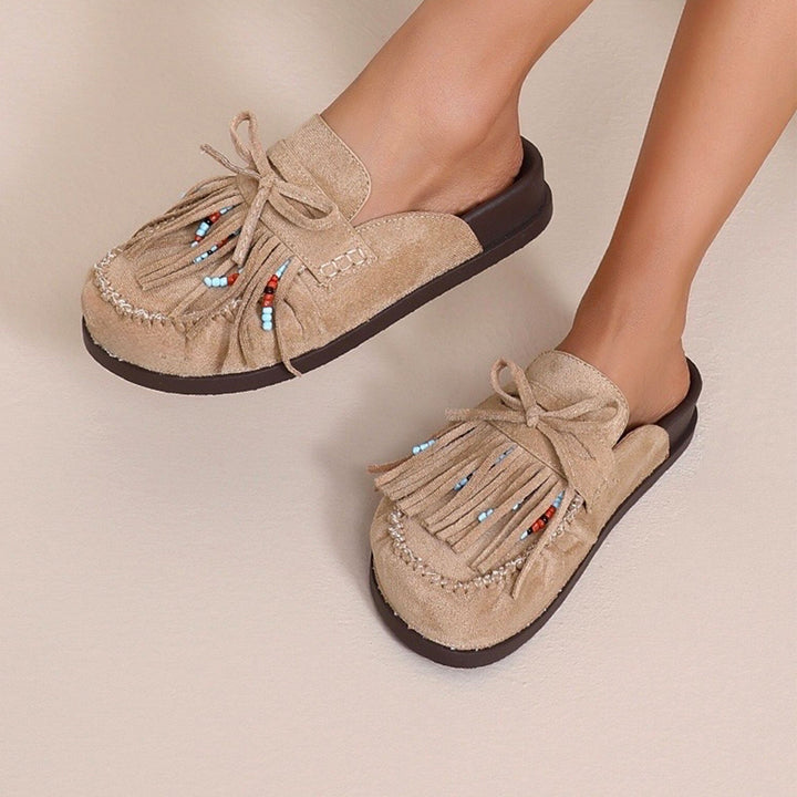 Nolwenn | Mocassins beiges à franges perlées