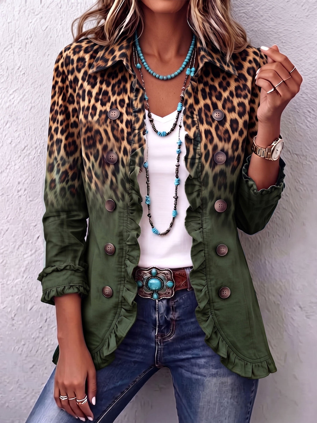 Rowena | Blazer volanté léopard dégradé vert