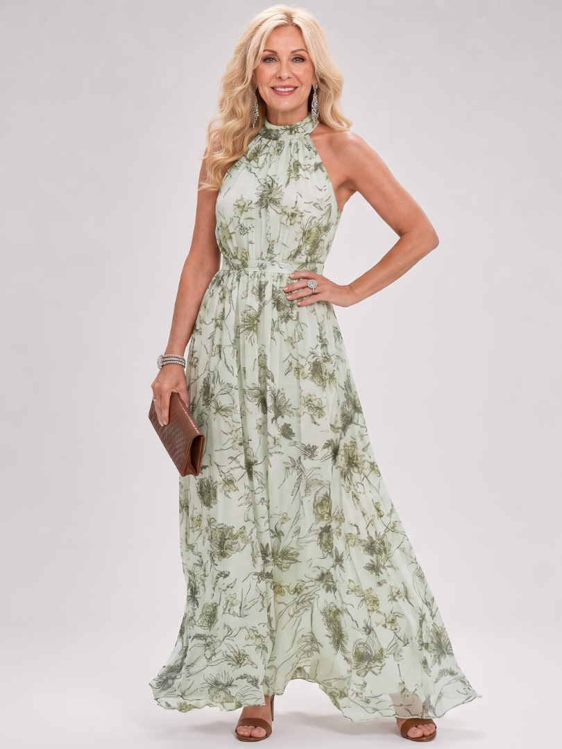 Fanny — Robe longue dos nu à jupe froncée, coloris Vert d’eau à fleurs
