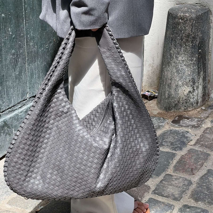 Sac porté épaule Cabas Tressé XL gris anthracite, photo détail