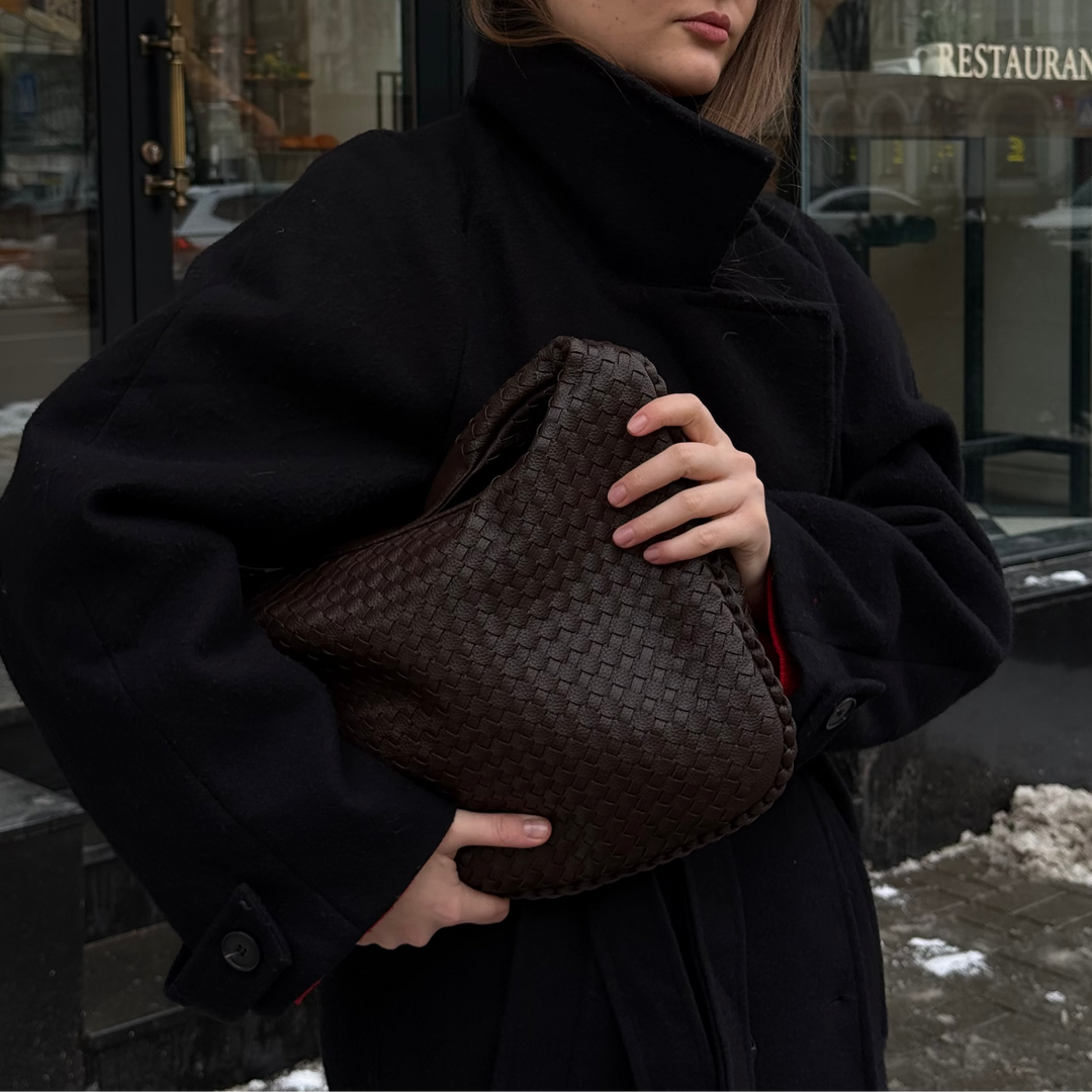 Sac porté épaule Cabas Tressé XL brun foncé vu de côté
