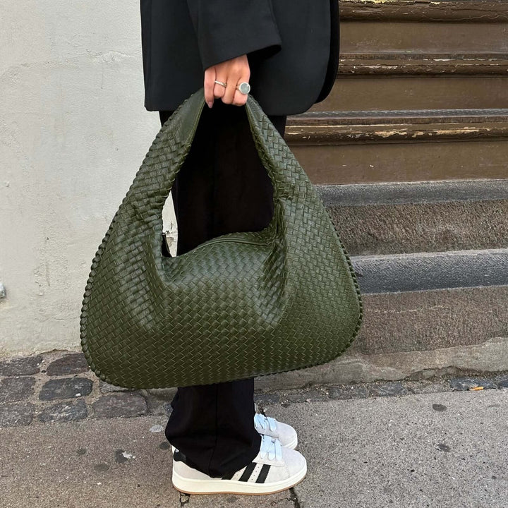 Sac porté épaule Cabas Tressé XL vert olive, photo détail