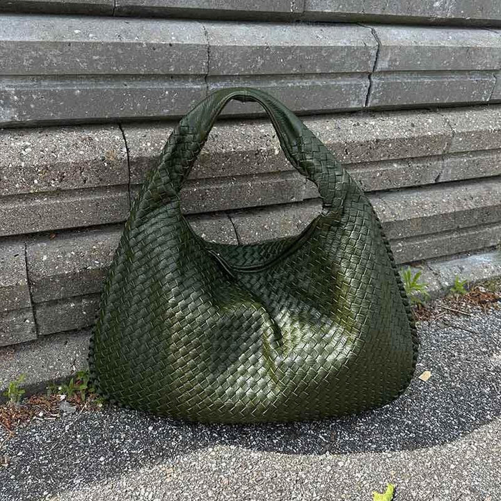 Sac porté épaule Cabas Tressé XL vert olive vu de trois quarts