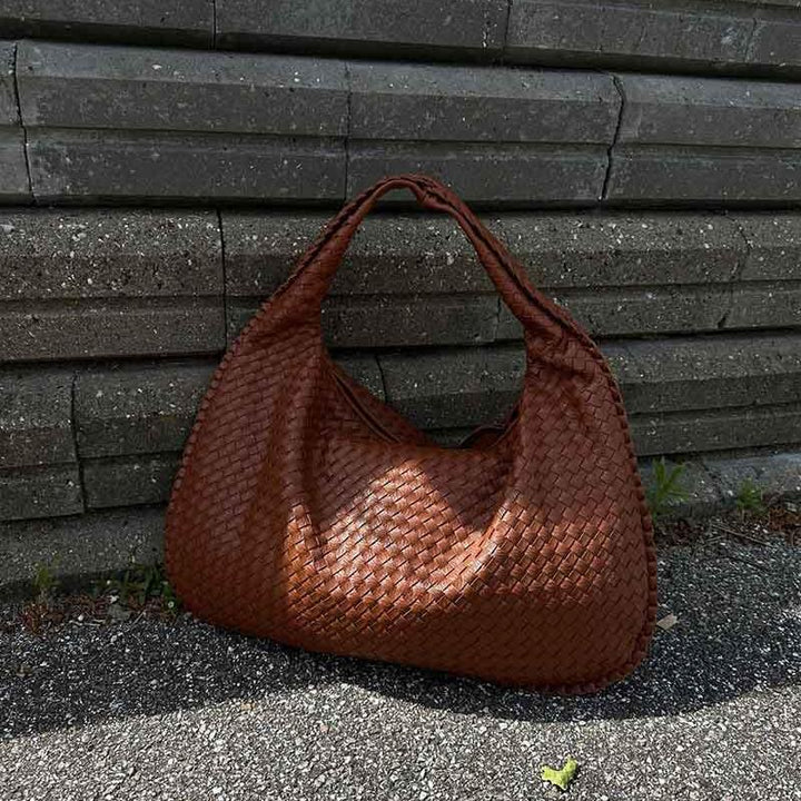Sac porté épaule Cabas Tressé XL brun rouille vu de côté