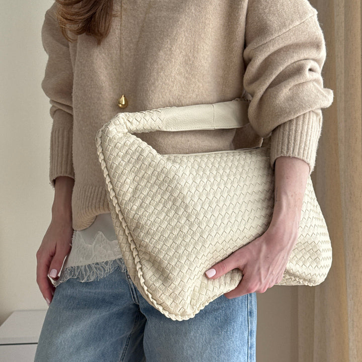 Sac porté épaule Cabas Tressé XL sable vu de côté