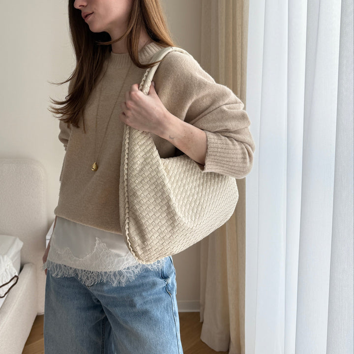 Sac porté épaule Cabas Tressé XL sable vu de trois quarts