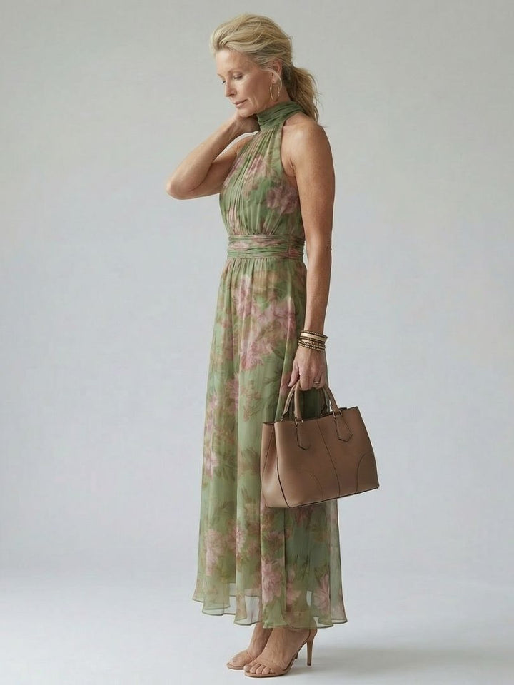 Robe longue fleurie à col licou, vue de trois quarts