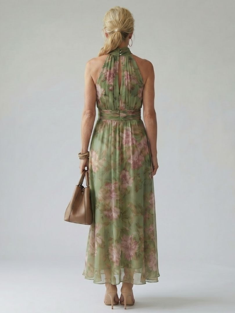 Robe longue fleurie à col licou, vue de dos