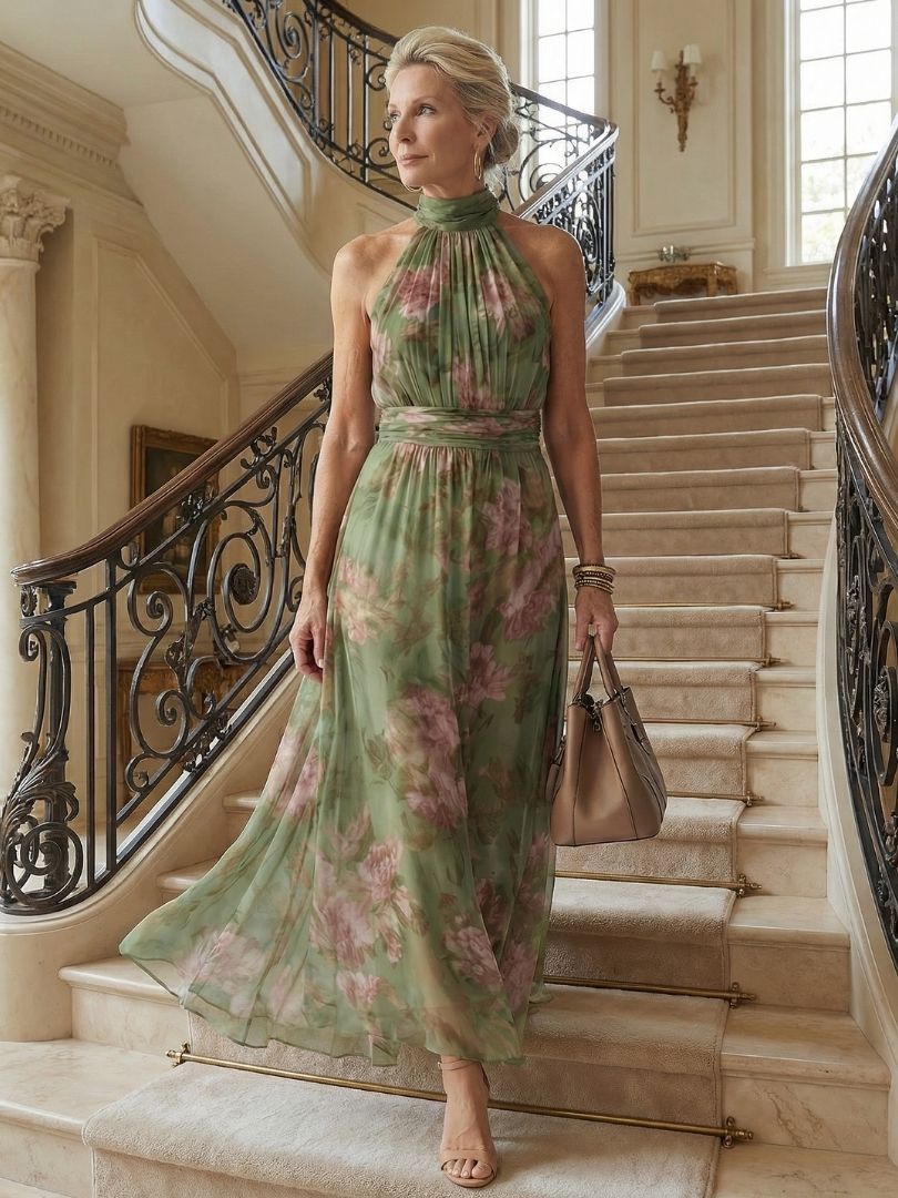 Robe longue fleurie à col licou portée dans un escalier