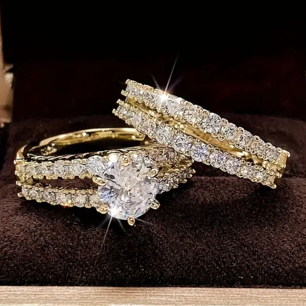 Couronne Limpide | Ensemble de bagues dorées avec pierres claires – Vue 01