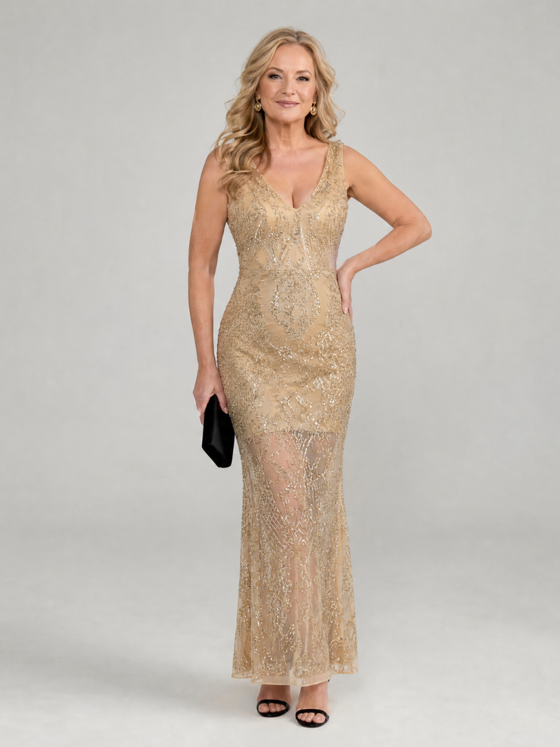Irma — Robe longue en dentelle brodée de perles, coloris Doré
