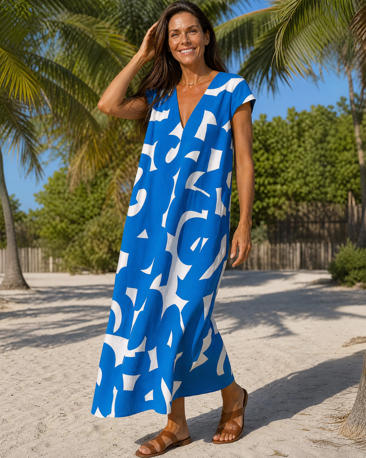 Ondine — Robe longue à imprimé graphique, coloris Bleu et blanc