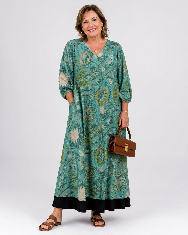 Ernestine — Robe longue à rinceaux botaniques, coloris Vert d&