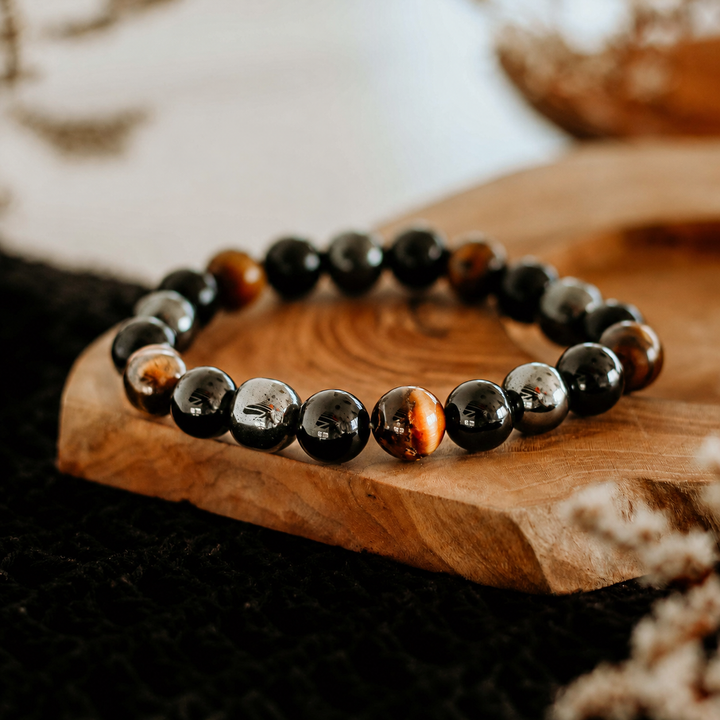 Bracelet Triple Protection en hématite, obsidienne noire et œil-de-tigre