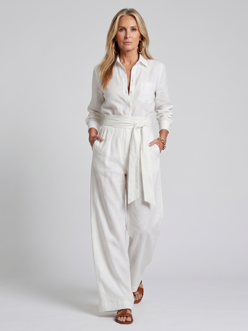 Femme portant une combinaison boutonnée à manches longues et ceinture à nouer, coloris blanc